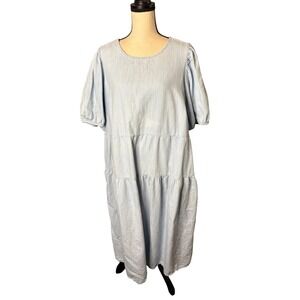 Old Navy Womens 3X Light Wash Cotton Denim Tiered Puff Sleeve Midi Dress Pockets